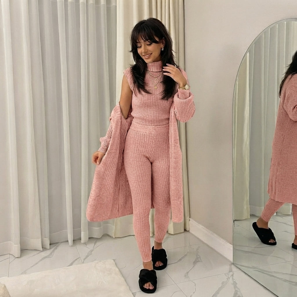 LUXE DIVA Women's 3 Piece Knit Lounge Set Roll Neck Cardigan