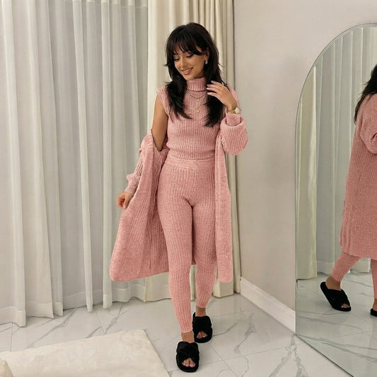 LUXE DIVA Women's 3 Piece Knit Lounge Set Roll Neck Cardigan