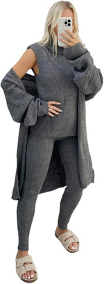 Load image into Gallery viewer, LUXE DIVA Ladies Girls 3 Piece Suit Roll Neck Chunky Knitted Tracksuit Rib Lounge Wear Set