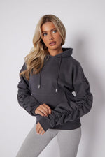 Load image into Gallery viewer, Ladies Ruched Sleeve Fleece Oversized Hooded Sweatshirt Hoodie Womens Top Jumper