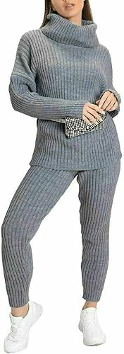 LUXE DIVA Ladies Chunky Cable Knitted Polo High Neck Top Leggings Lounge wear Suit Set