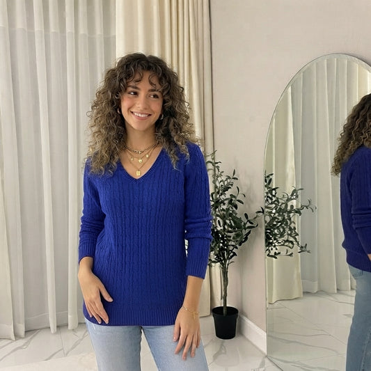 LUXE DIVA Women’s Long Sleeve V Neck Chunky Cable Knit Jumper for Ladies Casual Pullover Sweater for Women UK Size 8-22