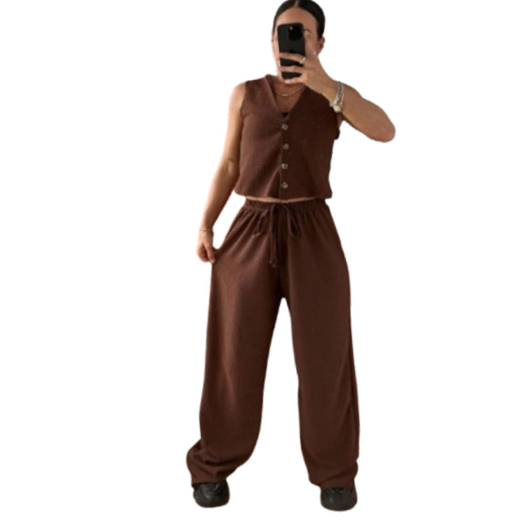 LUXE DIVA New Two Piece Wide Leg Pants Set Women's Spring New V-Neck Sleeveless Vest with Hanging Wide Leg Pants Casual Set