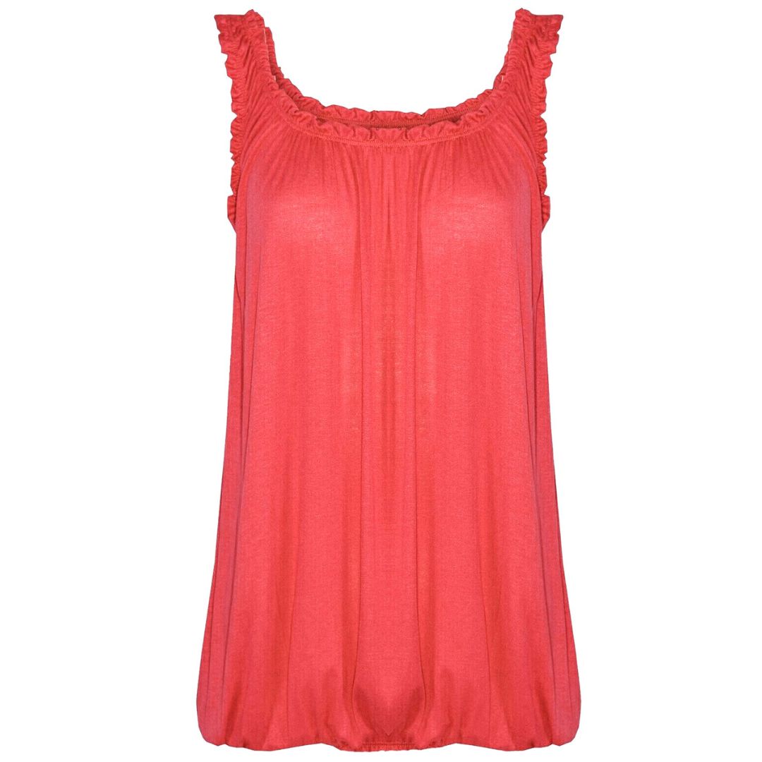 LUXE DIVA Women’s Gathered Round Scoop Neckline Swing Trim Sleeveless Plain Tank Top Wide Straps Ladies Elastic Bubble Hem Summer Camisole Baggy Vest Blouse Top