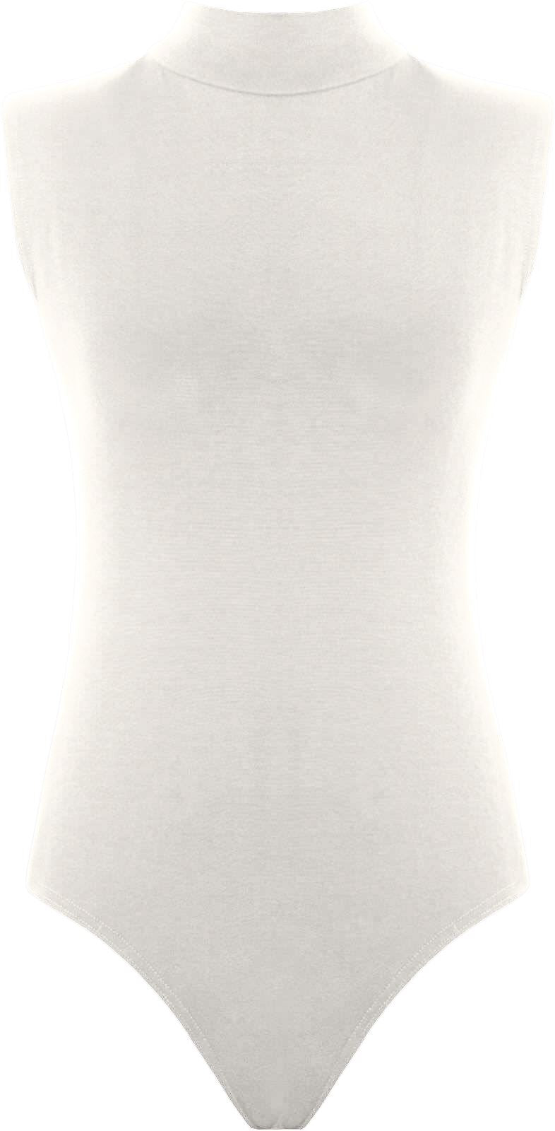 Womens Polo Turtle Neck Bodysuit Ladies Sleeveless Leotard Plain Stretchy Plunge Casual Party T-Shirt Top Sizes 8-14