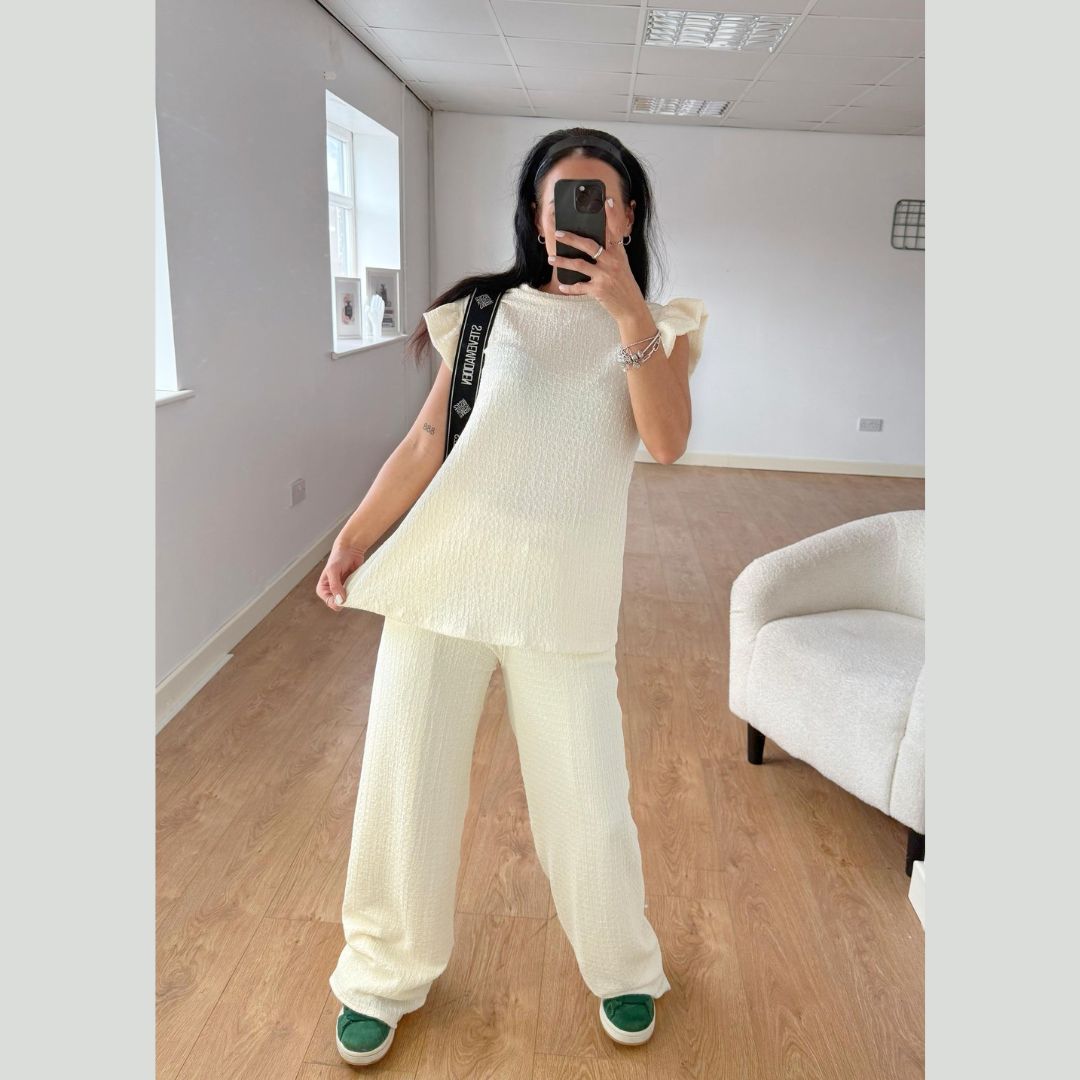 LUXEDIVA Womens Ladies Super Soft Popcorn Frill Short Sleeve Top Trouser 2PCS Co Ord LOungewear Sets