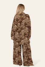 Load image into Gallery viewer, LUXE DIVA LADIES BROWN LEOPARD ITALAIN 2 PIECE SHIRT BLOUSE WITH WIDE LEG PLAZZO TRS SUIT LOUNGE WEAR LOOSE FIT