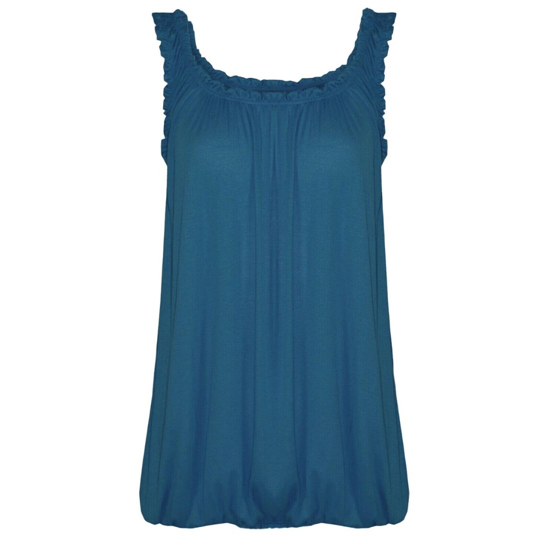 LUXE DIVA Women’s Gathered Round Scoop Neckline Swing Trim Sleeveless Plain Tank Top Wide Straps Ladies Elastic Bubble Hem Summer Camisole Baggy Vest Blouse Top