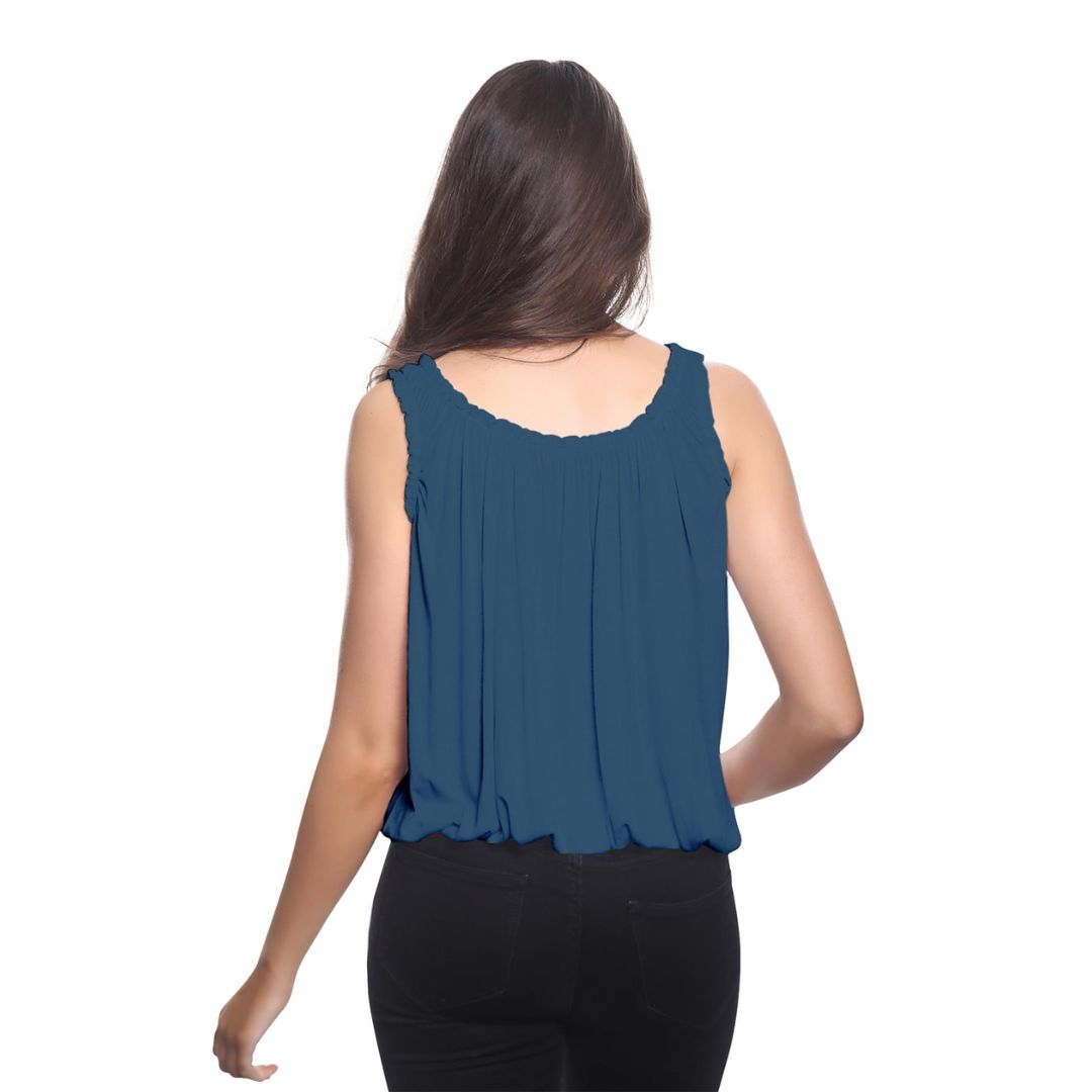 LUXE DIVA Women’s Gathered Round Scoop Neckline Swing Trim Sleeveless Plain Tank Top Wide Straps Ladies Elastic Bubble Hem Summer Camisole Baggy Vest Blouse Top