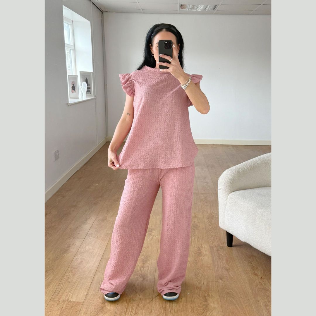 LUXEDIVA Womens Ladies Super Soft Popcorn Frill Short Sleeve Top Trouser 2PCS Co Ord LOungewear Sets