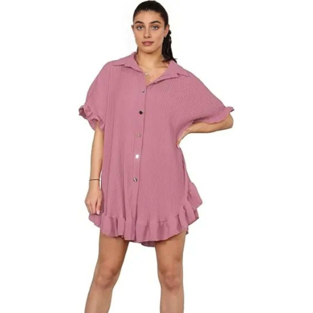LUXE DIVA Women's Pleated Shirt Set, Short Sleeve Button Down Shirt, Loungewear, Casual Elegant Party Vacation Travel Top