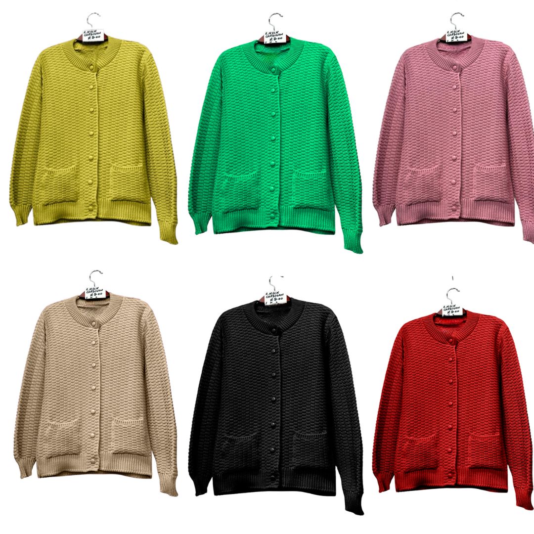 LUXE DIVA Womens Stitch Crew Neck Cardigan Ladies Knitted Pocket Front Button Up Long Sleeve Sweater UK 8-22