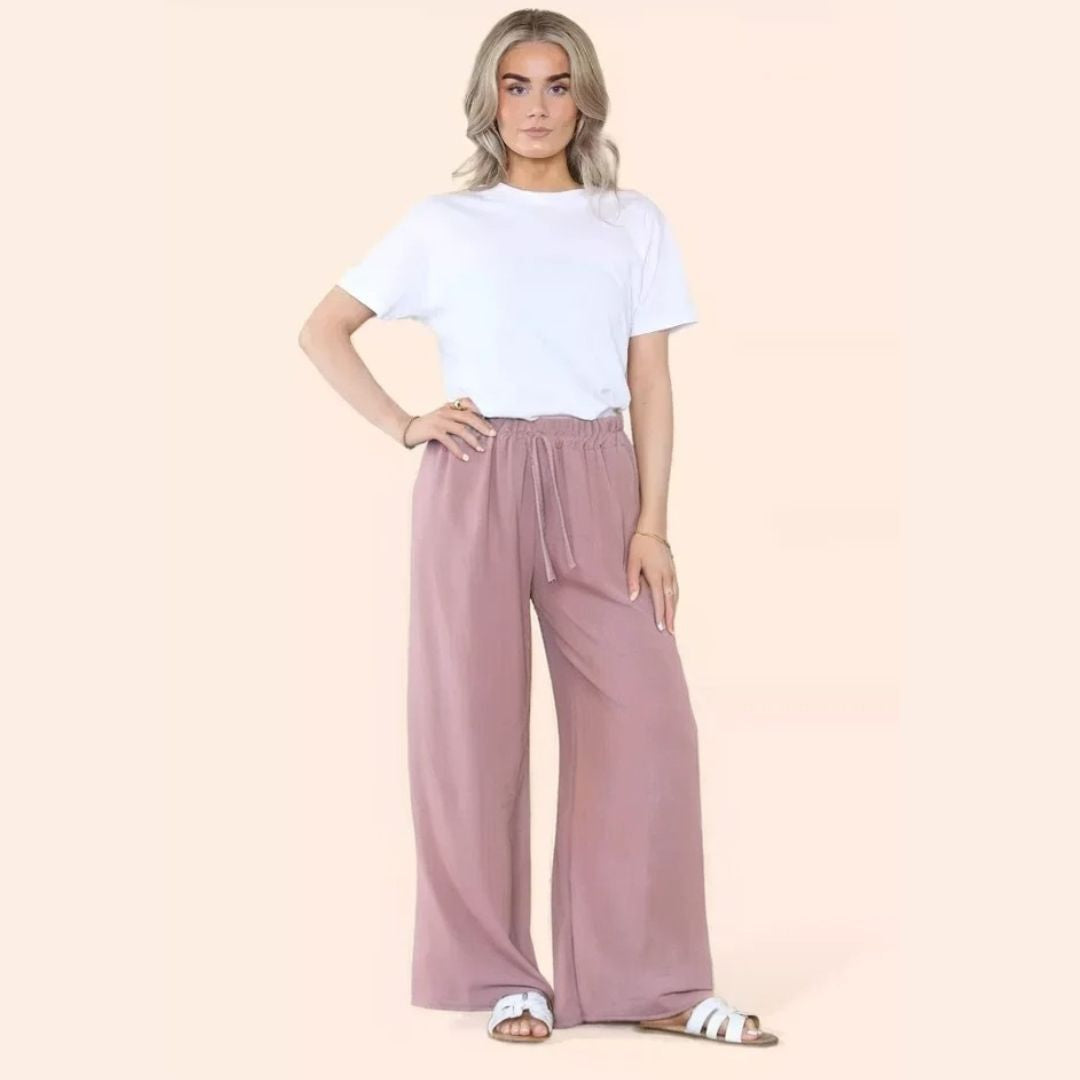 Ladies Wide Leg Drawstring Palazzo Bottom Trouser Pant Elasticated Waist