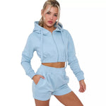 Load image into Gallery viewer, LUXE DIVA New Womens 2pcs Ruched Long Sleeve Cropped Zip Up Hoodie & Short Lounge Set UK