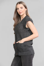 Load image into Gallery viewer, LADIES SLEEVELESS 5 BUTTON WAISTCOAT KNITTED 2 POCKETS V/NECK SELF COLOUR KNITWEAR FRONT PATTERN W/COAT ALL YEAR ROUND WEAR