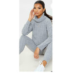 Load image into Gallery viewer, Ladies Women Chunky Cable Knitted Polo High Neck Top Legging Loungewear Suit Set