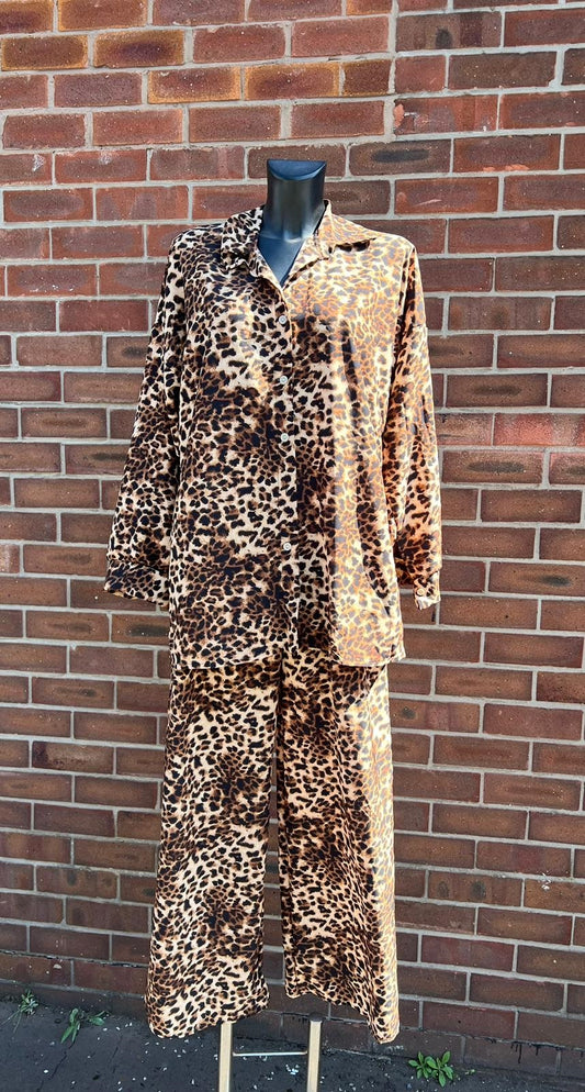 LUXE DIVA LADIES 2 PIECE BROWN LEOPARD NEW SUIT SHIRT BLOUSE WITH WIDE LEG PLAZZO BOTTOMS