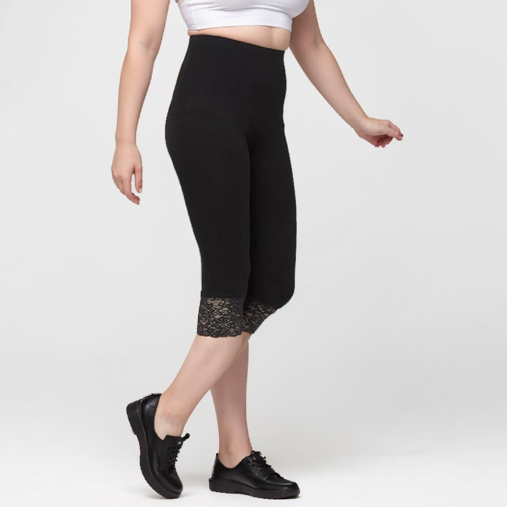 LUXE DIVA Women's Plus Size Lace Trim Capri Leggings Stretch Crop Leggings Summer Tights PantsS-3XL