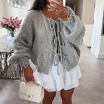 Load image into Gallery viewer, LUXE DIVA Women’s Bow Tie Oversized Sweate V Neck Knit Cardigan Cute Long Sleeve Pullover Top
