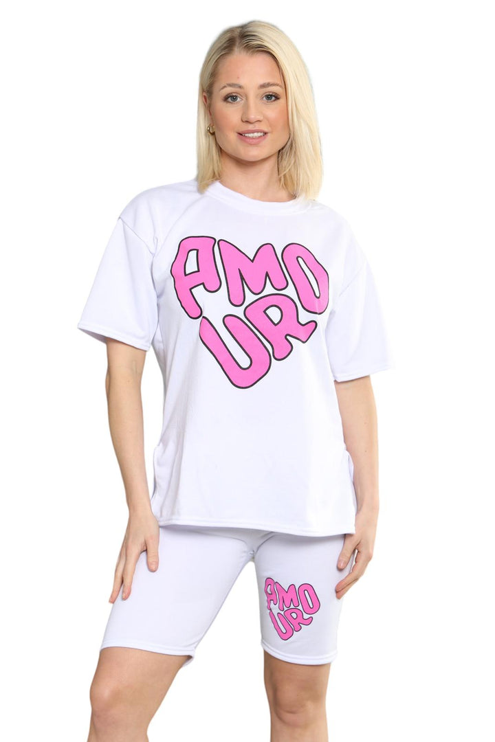LUXE DIVA Womens Lounge Wear Amour Print Cycling Shorts Co ord T-shirt Set