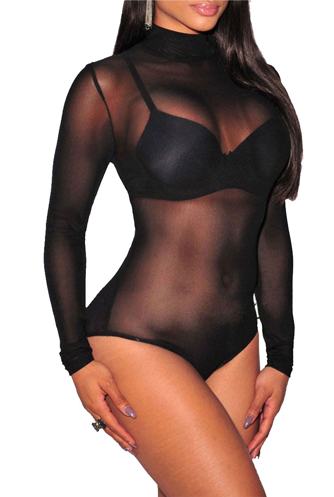 LUXE DIVA Women's Mesh Turtle Neck Long Sleeve Bodysuit