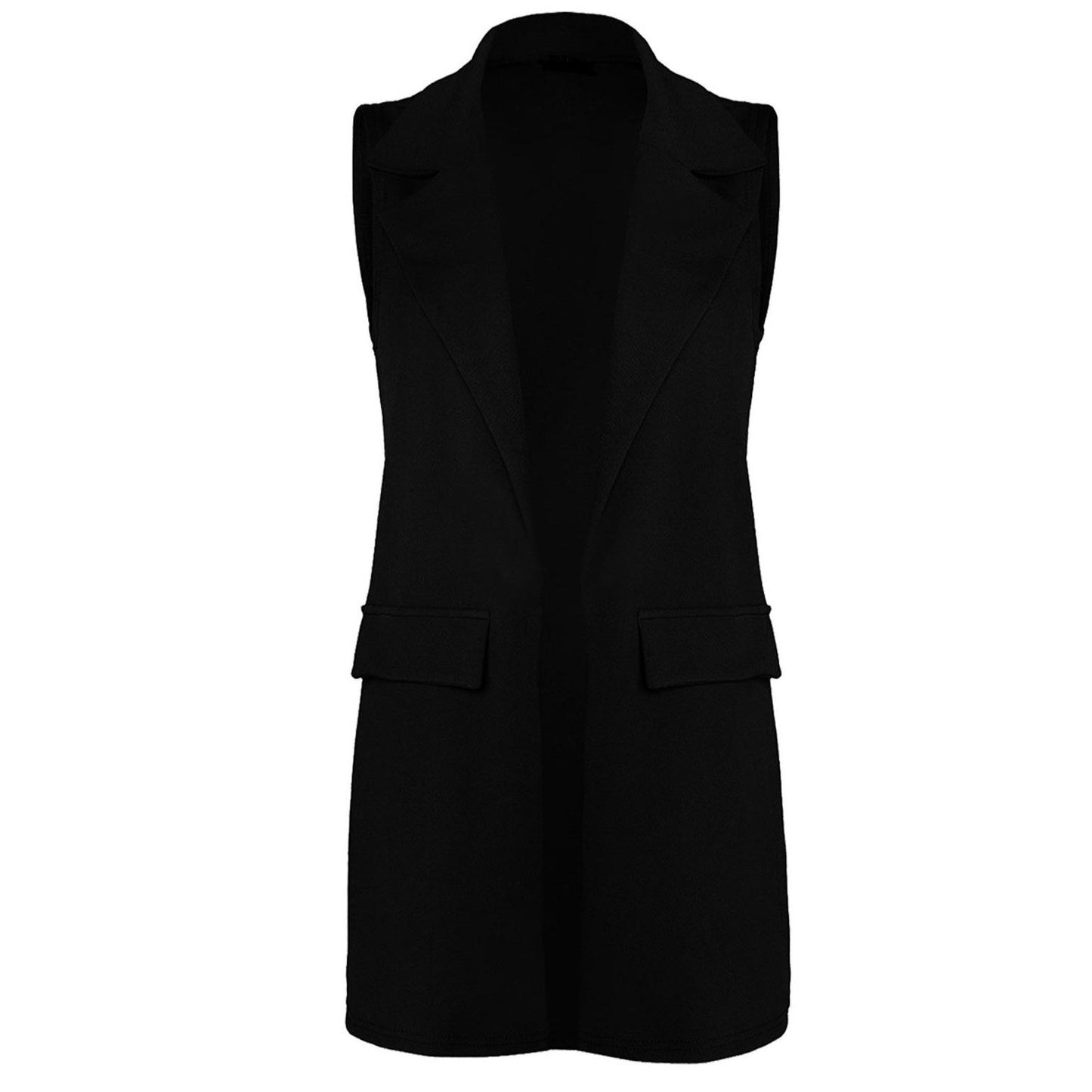 LUXE-DIVA New Womens Sleeveless Crepe Open Long Waistcoat Pocket Top Ladies Jacket 8-14 Collar Fabric Soft Womenswear Original Comfort