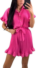 Load image into Gallery viewer, LUXEDIVA Ladies Belted Pleated Collard Smock Frill Shirt Dress Women Gold Button Playsuit