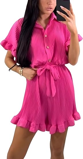 LUXEDIVA Ladies Belted Pleated Collard Smock Frill Shirt Dress Women Gold Button Playsuit