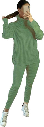 Load image into Gallery viewer, LUXE DIVA Ladies Chunky Cable Knitted Polo High Neck Top Leggings Lounge wear Suit Set