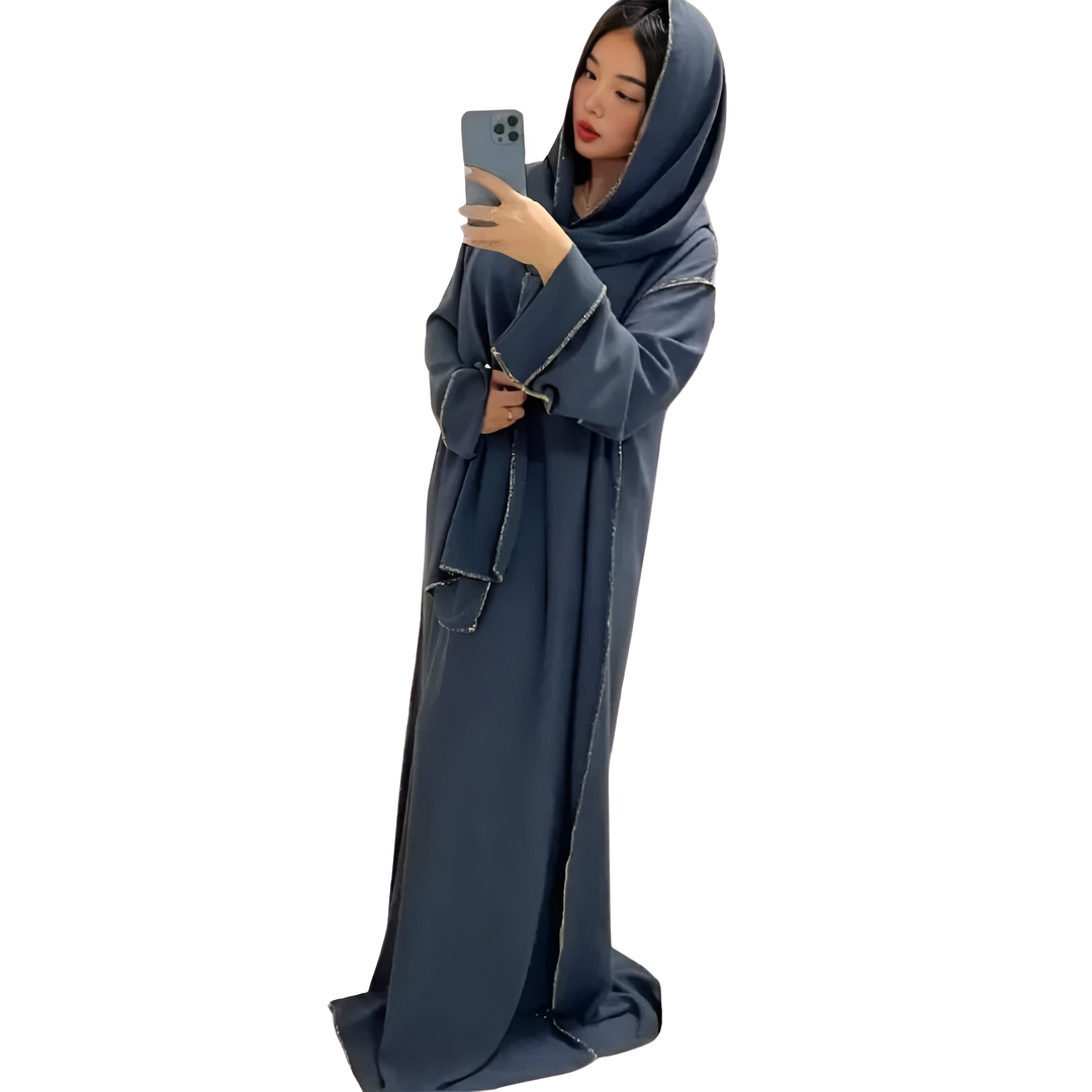 LUXE DIVA Womens Gold Trim Dubai Abaya With Scarf Islamic Muslim Jilbab Long Maxi Dress