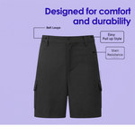 Load image into Gallery viewer, LUXE DIVA Boys School Uniform Cargo Shorts, Teflon-Coated Plain Elasticated Waist Boys Shorts with Zip and Clip Fastening, Black & Grey Uniform Summer Short Pants, Ages 3-13 Years