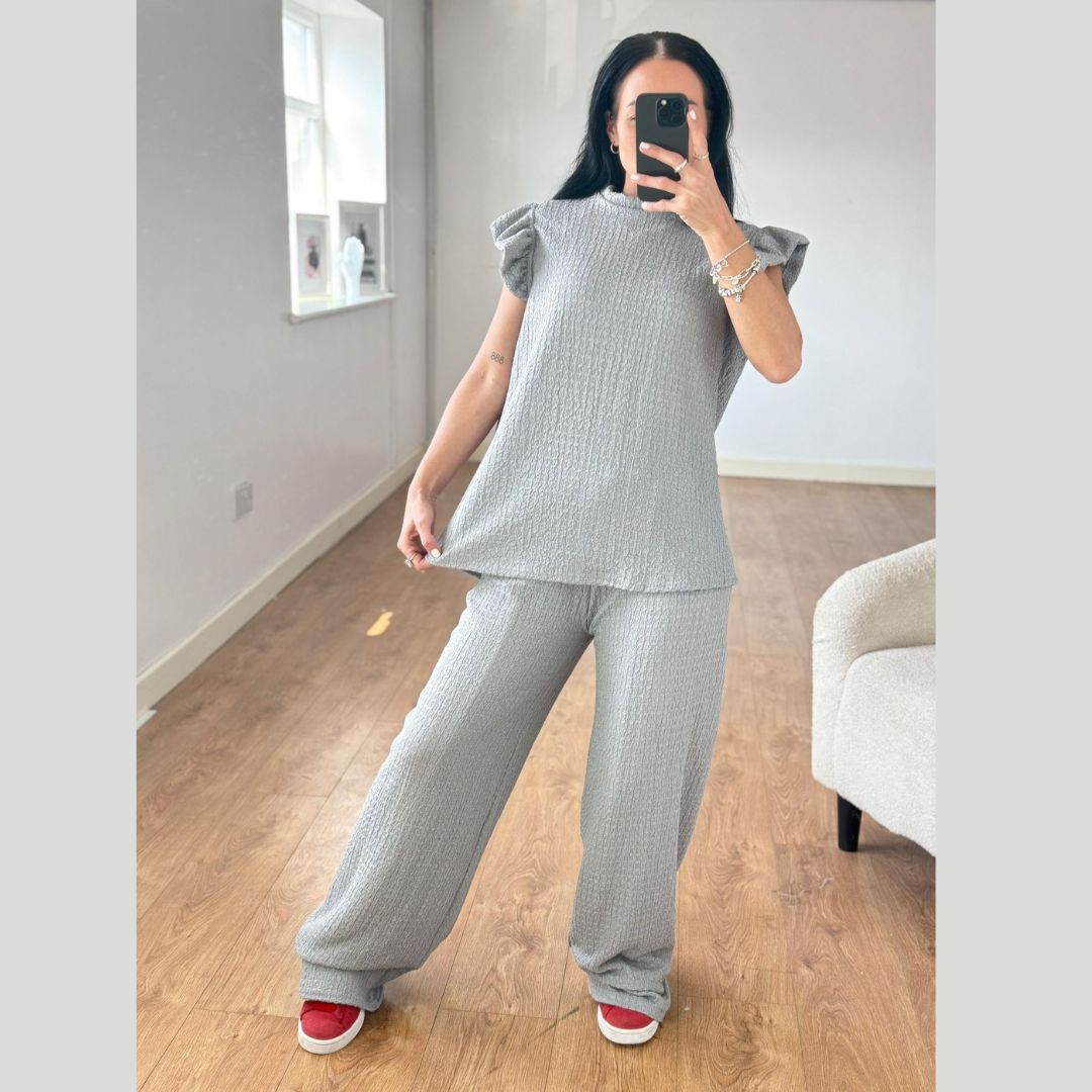 LUXEDIVA Womens Ladies Super Soft Popcorn Frill Short Sleeve Top Trouser 2PCS Co Ord LOungewear Sets