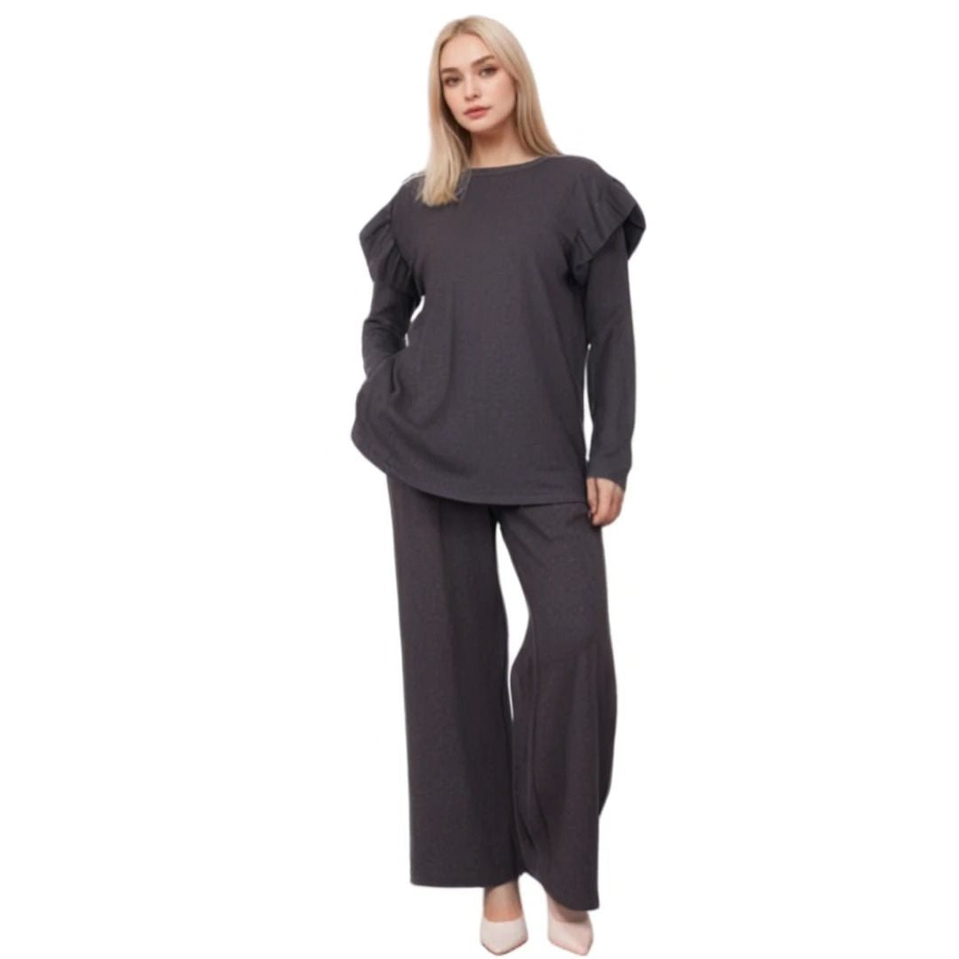 LUXE DIVA Ladies Frill arm Long Sleeve 2pcs Women's Wide Flared Leggings Trouser Loungewear Suit