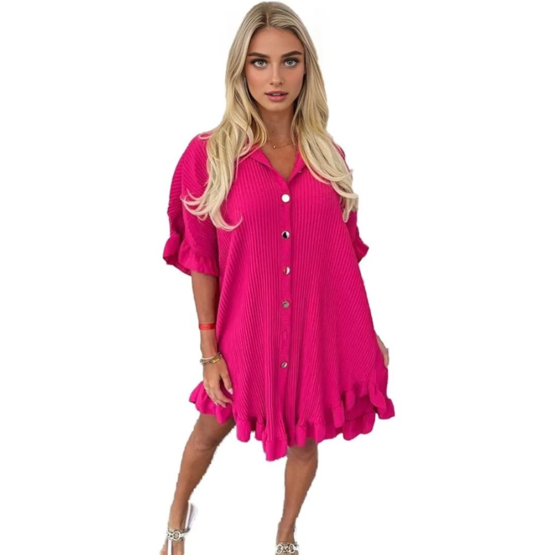 LUXE DIVA Women's Pleated Shirt Set, Short Sleeve Button Down Shirt, Loungewear, Casual Elegant Party Vacation Travel Top