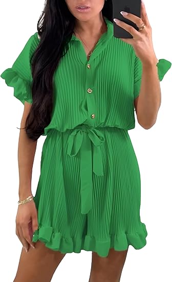 LUXEDIVA Ladies Belted Pleated Collard Smock Frill Shirt Dress Women Gold Button Playsuit