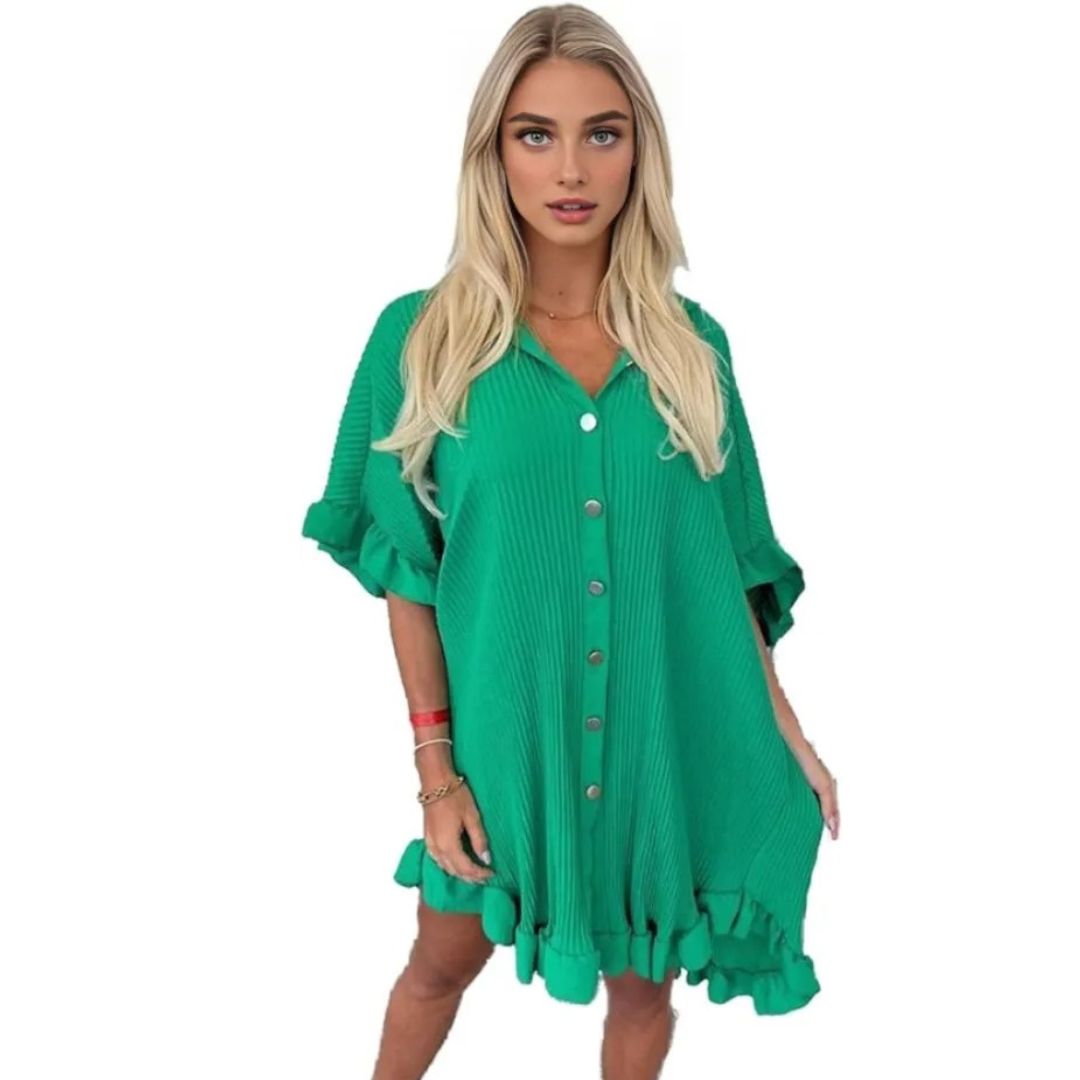 LUXE DIVA Women's Pleated Shirt Set, Short Sleeve Button Down Shirt, Loungewear, Casual Elegant Party Vacation Travel Top