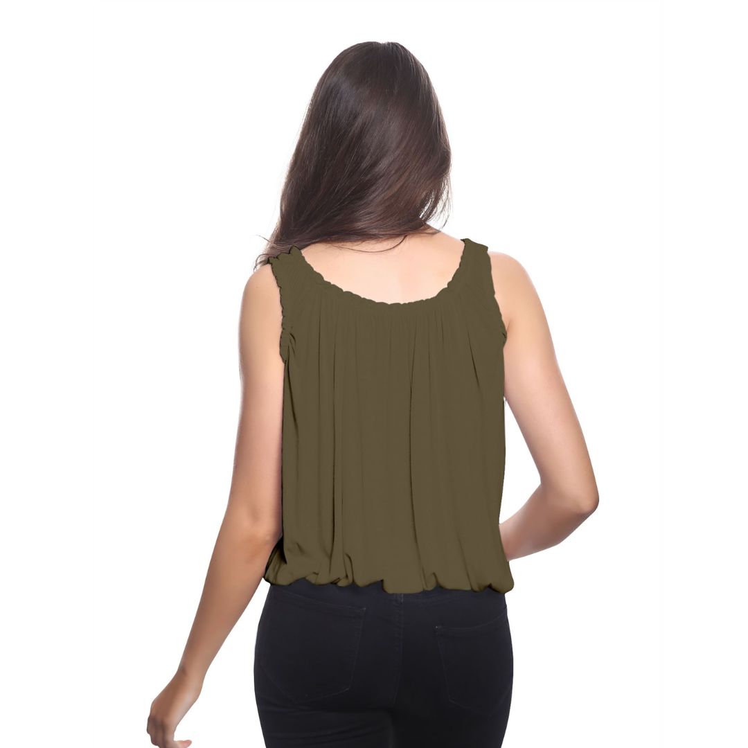 LUXE DIVA Women’s Gathered Round Scoop Neckline Swing Trim Sleeveless Plain Tank Top Wide Straps Ladies Elastic Bubble Hem Summer Camisole Baggy Vest Blouse Top