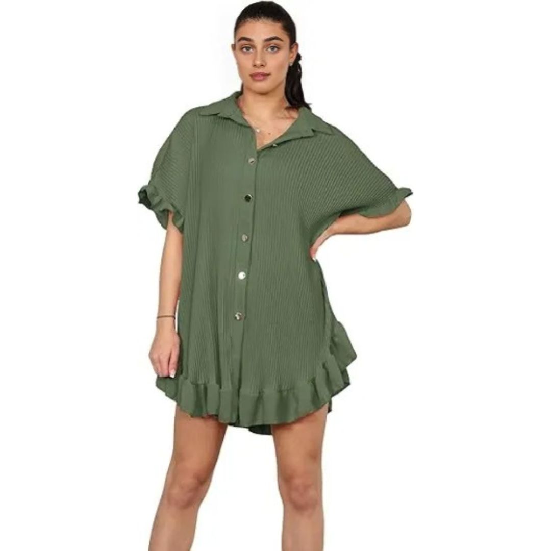 LUXE DIVA Women's Pleated Shirt Set, Short Sleeve Button Down Shirt, Loungewear, Casual Elegant Party Vacation Travel Top