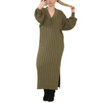 Load image into Gallery viewer, LUXE DIVA LADIES V Neck HIGH FUNNEL NECK LONG MAXI LENGTH KNITTED DRESS NOW IN STOCK