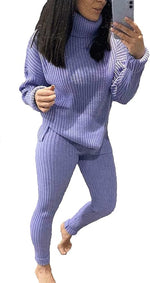 Load image into Gallery viewer, Ladies chunky knitted Ribbed polo high neck top leggings loungewear suit set