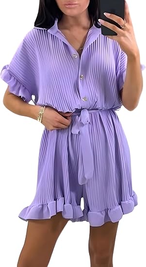 LUXEDIVA Ladies Belted Pleated Collard Smock Frill Shirt Dress Women Gold Button Playsuit