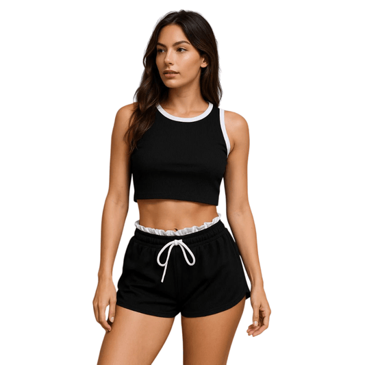 LUXE DIVA Ladies Sleeveless Cropped Top Ribbed Fabric with White Trim & Shorts with White Drawstring and Elastic Waistband Set for Women Activewear - LUXE DIVALUXE DIVA Ladies Sleeveless Cropped Top Ribbed Fabric with White Trim & Shorts with White Drawstring and Elastic Waistband Set for Women Activewear2 Piece SuitLUXE DIVALUXE DIVA2PcCnrstCrpVstShrtBlkSMLUXE DIVA Ladies Sleeveless Cropped Top Ribbed Fabric with White Trim & Shorts with White Drawstring and Elastic Waistband Set for Women Acti