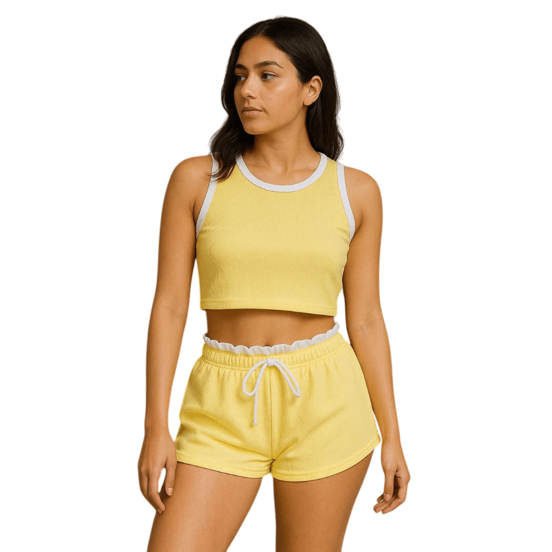 LUXE DIVA Ladies Sleeveless Cropped Top Ribbed Fabric with White Trim & Shorts with White Drawstring and Elastic Waistband Set for Women Activewear - LUXE DIVALUXE DIVA Ladies Sleeveless Cropped Top Ribbed Fabric with White Trim & Shorts with White Drawstring and Elastic Waistband Set for Women Activewear2 Piece SuitLUXE DIVALUXE DIVA2PcCnrstCrpVstShrtYellowSMLUXE DIVA Ladies Sleeveless Cropped Top Ribbed Fabric with White Trim & Shorts with White Drawstring and Elastic Waistband Set for Women A