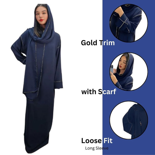 LUXE DIVA women’s gold trim abaya with matching scarf Islamic maxi dress