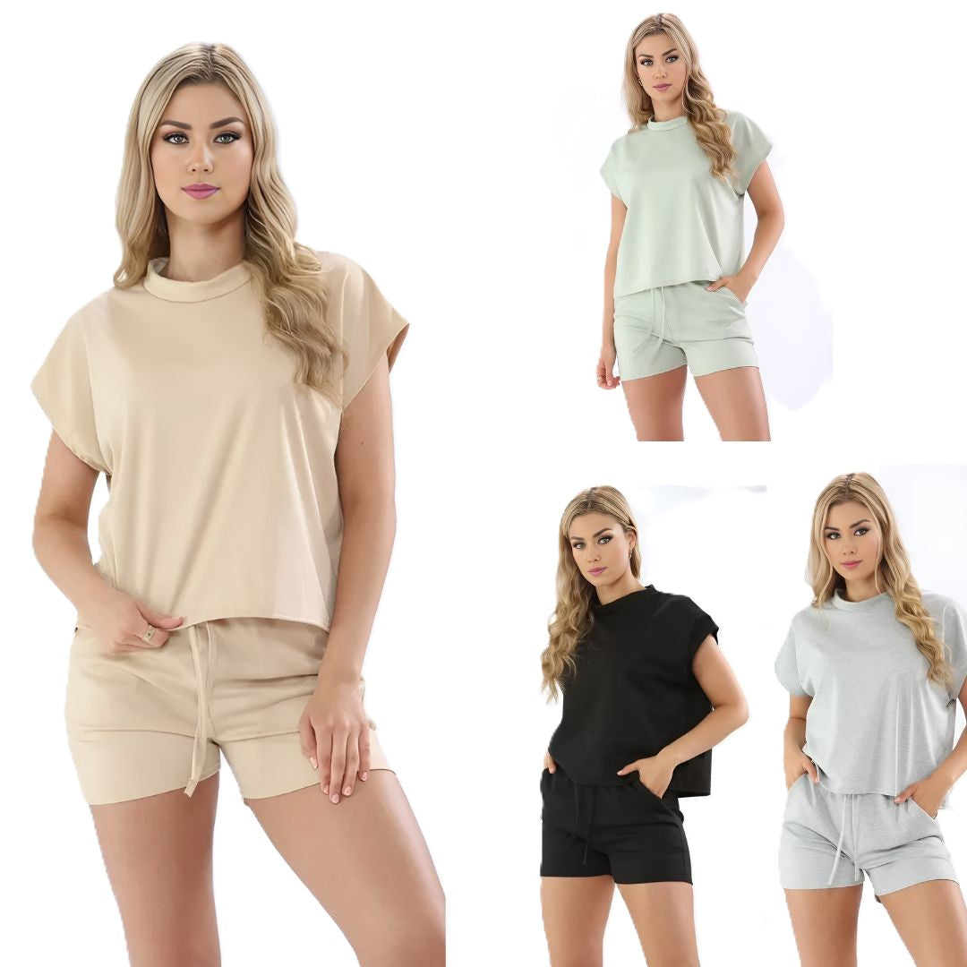 LUXE DIVA Womens Ladies Short Sleeve Boxy Lounge Wear Tracksuit Shorts Set Comfy Two Piece