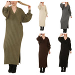 Load image into Gallery viewer, LUXE DIVA LADIES V Neck HIGH FUNNEL NECK LONG MAXI LENGTH KNITTED DRESS NOW IN STOCK