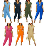 Load image into Gallery viewer, LUXE DIVA Women's V Neck Wrap Over Ankle Tie Waist Jumpsuit Ladies Harem Wide Leg Playsuit