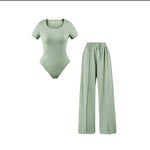Load image into Gallery viewer, LUXE DIVA Ladies Scoop Neck Short Sleeve Bodysuit And Elasticated Wide Leg Trouser Two Piece Set