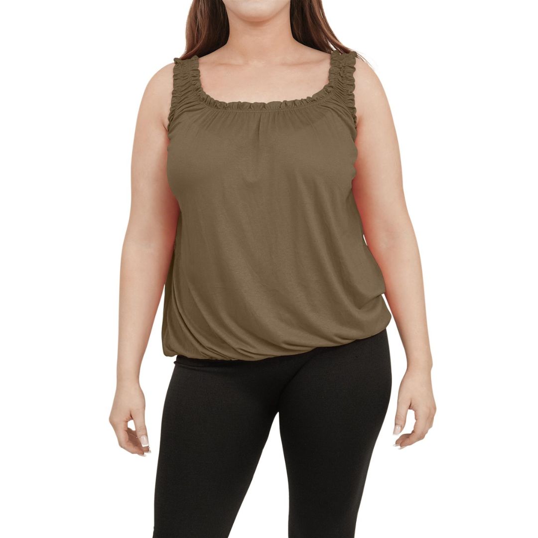 LUXE DIVA Women’s Gathered Round Scoop Neckline Swing Trim Sleeveless Plain Tank Top Wide Straps Ladies Elastic Bubble Hem Summer Camisole Baggy Vest Blouse Top