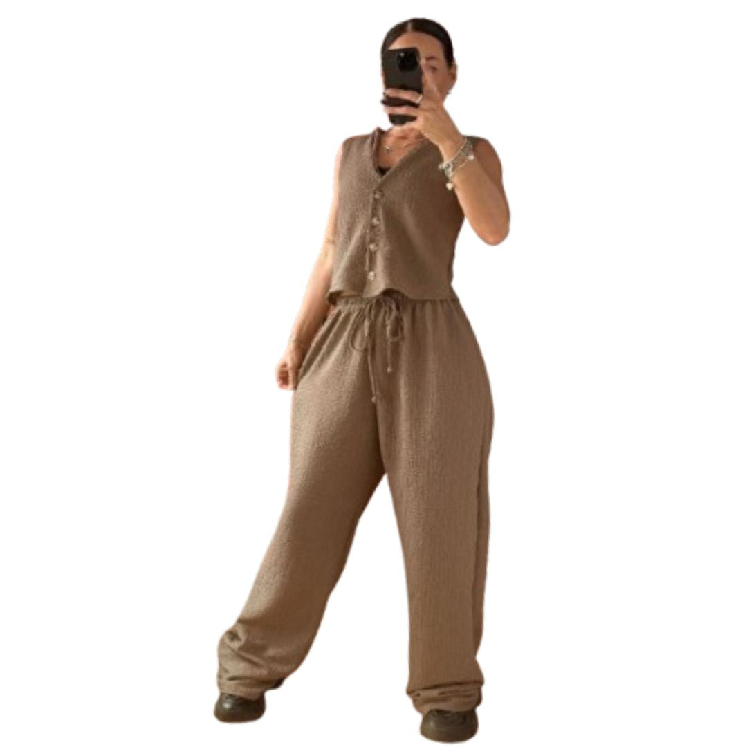LUXE DIVA New Two Piece Wide Leg Pants Set Women's Spring New V-Neck Sleeveless Vest with Hanging Wide Leg Pants Casual Set